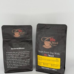 Two His Word Coffee bags side by side on a white background. The left bag shows the back panel with Discover the Difference brand text describing their hot-air roasting process. The right bag shows the front label for a Kenya single-origin coffee with the yellow product label listing dark chocolate caramel citrus and black tasting notes.
