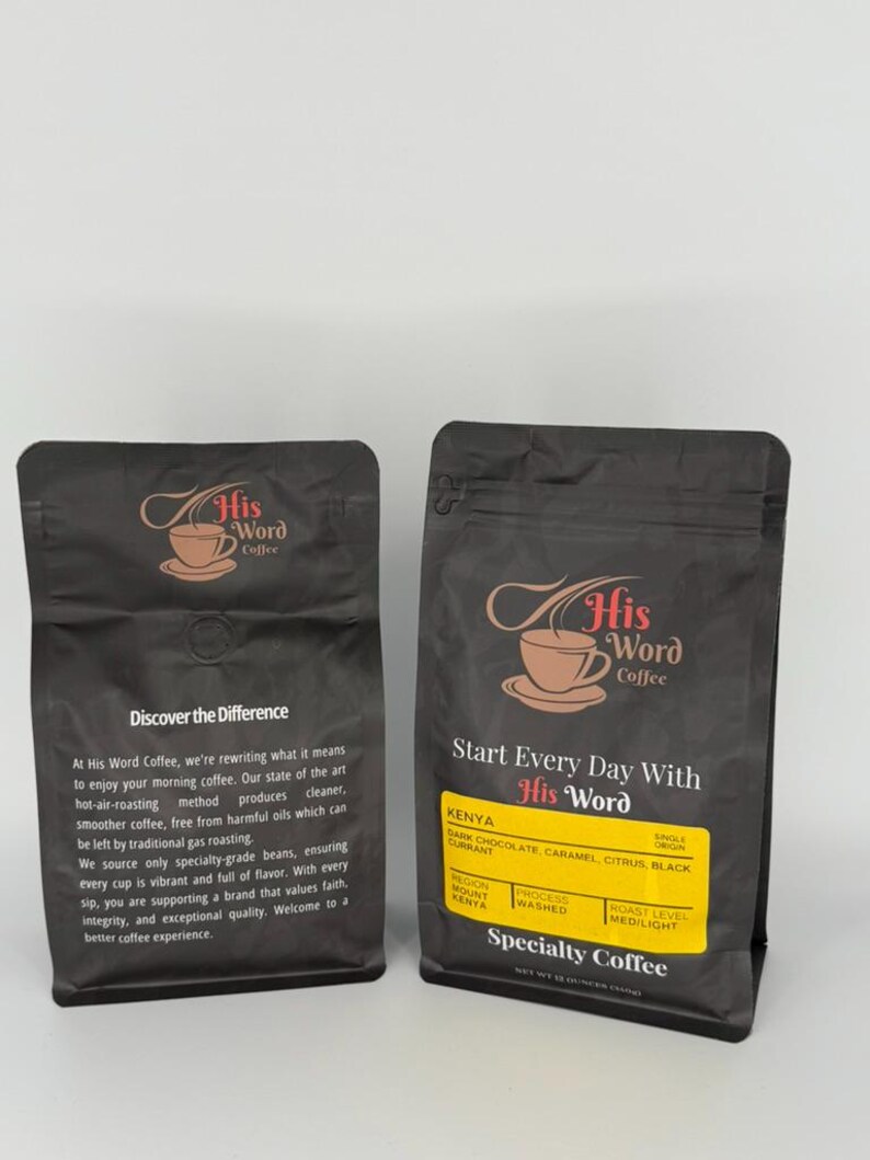 Two His Word Coffee bags side by side on a white background. The left bag shows the back panel with Discover the Difference brand text describing their hot-air roasting process. The right bag shows the front label for a Kenya single-origin coffee with the yellow product label listing dark chocolate caramel citrus and black tasting notes.