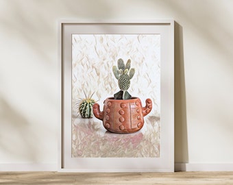 Playful Cactus Pottery Digital Art - Watercolor Cacti Print, Printable Desert Flora Home Decor | Instant Download