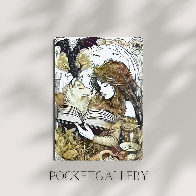 May include: A woman with long brown hair and a white wolf sit together reading a book. The woman is wearing a brown dress and a fur collar. The wolf is looking at the woman. The background is a dark forest with a bat flying overhead.