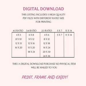 May include: A digital download listing for printable art prints. The listing includes five high-quality PDF files with different aspect ratios: 4:5, 3:4, 2:3, 5x7, and 11x14. The image shows a table with the different aspect ratios and corresponding print sizes in inches.