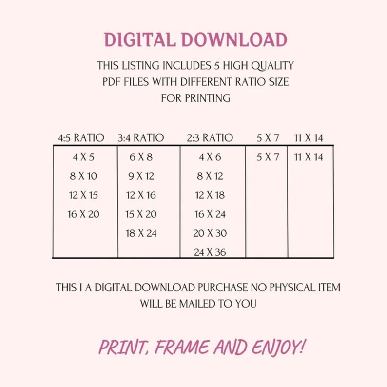 May include: A digital download listing for printable art prints. The listing includes five high-quality PDF files with different aspect ratios: 4:5, 3:4, 2:3, 5x7, and 11x14. The image shows a table with the different aspect ratios and corresponding print sizes in inches.