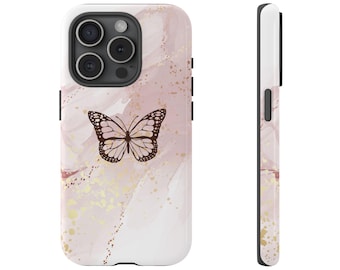 Fjärilsfodral i roséguld - Rosa marmor estetik | Elegant iPhone- och Samsung-skal | Icke MagSafe | Fjärilsfodral i mobilen