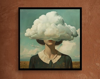 Surreal Portrait of a Woman with a Cloud Covering Her Eyes: A Conceptual Illustration Blending Human Form with Ethereal Elements