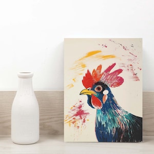 May include: A colourful painting of a rooster with a red, pink and blue comb and wattle. The rooster is facing the left side of the image and has a blue and green body. The background is a light beige with yellow, orange and pink brushstrokes.
