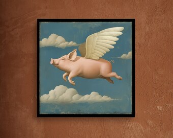 When Pigs Take Flight: The Fascinating Journey of a Winged Swine Over Cloudy Horizons, Sky Art, Playful Home Decor, piglet in the sky
