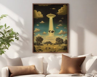 ufo Cow Abduction Printable Wall Art – DIGITAL DOWNLOAD (JPEG) – Surreal Sci-Fi Landscape – No Print Shipped