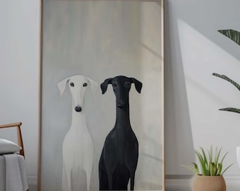 Lámina decorativa imprimible de galgo blanco y negro – DESCARGA DIGITAL (JPEG) – Retrato minimalista de perro