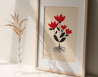 Retro rote Blumen druckbare Wandkunst - DIGITAL DOWNLOAD (JPEG) - Botanische Wurzeln Illustration
