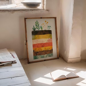 Minimalistisch bodemprofiel en plantenillustratie: een moderne kunstweergave van geologische lagen edafologen, bodemonderzoek, bodem