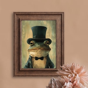 Rana antropomorfa con cappello a cilindro e smoking, arte della rana elegante, rana gentiluomo, rana con papillon, opera d'arte formale della rana, poster del cocktail bar