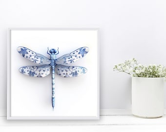 Blue and White Porcelain Dragonfly Art - Floral Pattern Insect Illustration - Vintage Inspired Nature Decor - Ceramic Wall art