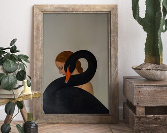 Afdrukbare muurkunst vrouw zwarte zwaan – DIGITALE DOWNLOAD (JPEG) – Elegant portret – Geen print verzonden