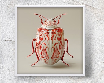 Porcelain Beetle with Red Floral Designs and Delicate Antennae, Unique Blend of Insect Anatomy and Traditional Ceramic Art, Ceramic Wall Art