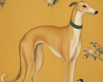 Greyhound Floral Printable Wall Art – DIGITAL DOWNLOAD (JPEG) – Elegant Dog with Bird Illustration
