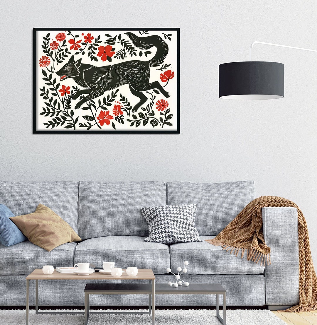 Black Wolf Linocut Printable Wall Art – DIGITAL DOWNLOAD (JPEG