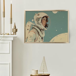 Retro Futuristic Astronaut Portrait, Vintage Space Explorer Digital Art, Cosmic Woman Illustration, Sci-Fi Space Traveler, Women in STEM Art