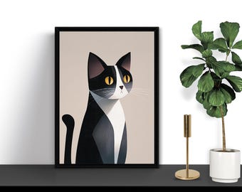 以下が含まれることがあります： 黄色の目をした黒と白の猫が額縁に入ったイラストの中に座っています。猫は画像の右側を見ています。背景は薄いベージュ色です。