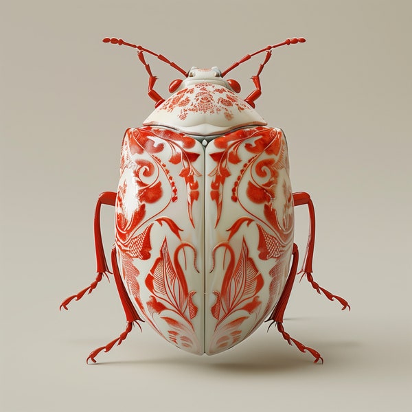 Scarabée en porcelaine avec motifs floraux rouges et antennes délicates, mélange unique d'anatomie d'insecte et de céramique traditionnelle, art unique