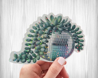 Pegatina para maceta con bola de discoteca, pegatinas de vinilo para plantas, pegatina para mamá de plantas con bola de discoteca, calcomanía para maceta con cactus y diseño de bola de discoteca, pegatinas transparentes, cactus