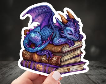 Pegatina de fantasía, pegatina de dragón, regalo para amantes de los dragones, pegatina de dragón adorable, rincón de lectura de dragones, dragón de libro, lector de fantasía, año del dragón