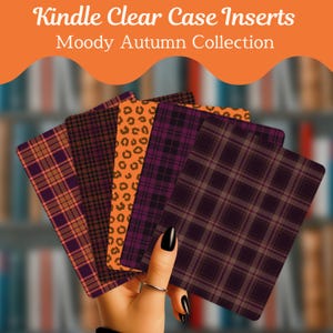 May include: A set of rectangular Kindle clear case inserts from the Moody Autumn Collection. The inserts feature various patterns including orange and purple plaid, dark brown houndstooth, orange leopard print, and dark purple tartan designs.