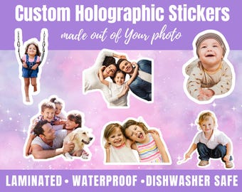 Pegatinas fotográficas personalizadas, calcomanías impermeables personalizadas para portátiles, espejos, vasos, pegatinas de vinilo holográficas personalizadas, opciones al por mayor.