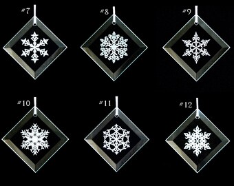 Snowflake Series 2 Christmas Ornaments - Set of 6 - Beveled Glass Sun Catcher Ornaments - Custom Etched Glass - Featuring Designs #7-12