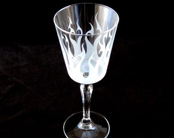 Flaming Hearts Retro Cocktail Glass - Flames - Heart - Fire - Custom Etched Glass Cocktail Stemware