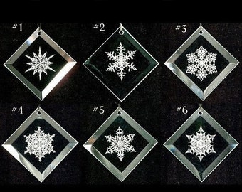 Snowflake Series 1 Christmas Ornaments - Set of 6 - Beveled Glass Sun Catcher Ornaments - Custom Etched Glass - Featuring Designs #1-6