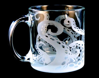 Octopus Coffee Mug - Cthulhu - Squid - Kraken - Lovecraft - Cephalopod - Custom Etched Glassware Tentacles Coffee Mug