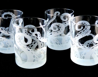 Octopus tentacules rocks verres - lot de 4 - Cthulhu - calmar - kraken - Lovecraft - céphalopode - gobelet en verre gravé personnalisé