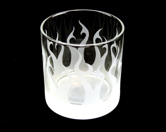 Flaming Hearts Rocks Glass - Modern Art Glassware - Custom Etched Glass Lowball Tumbler - Unique Glass Barware