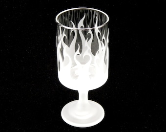 Flaming Hearts Tumbler Wine Glass - Fire - Tribal Flames - Hidden Hearts - Etched Glass Wine Goblet - Flaming Hearts Barware