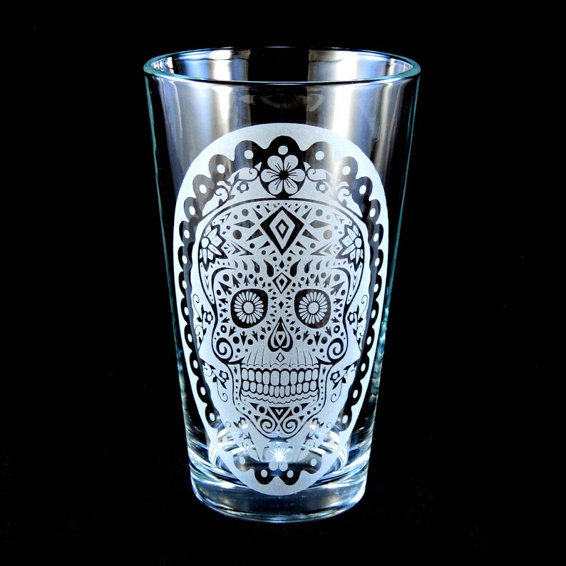 Etched Pint Glass Sugar Skull Day of the Dead Motif Custom Etched Glassware image 1