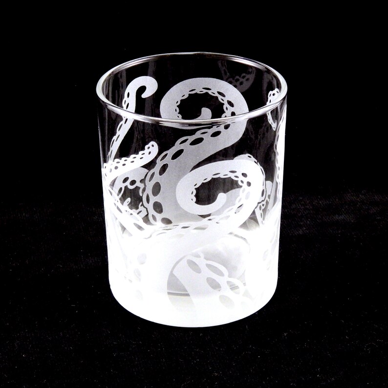 Octopus Rocks Glass Cthulhu Squid Kraken Lovecraft Cephalopod Custom Etched Glass Lowball Tumbler Octopus Tentacle Barware image 2