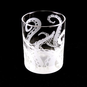 Octopus Rocks Glass - Cthulhu - Squid - Kraken - Lovecraft - Cephalopod - Custom Etched Glass Lowball Tumbler - Octopus Tentacle Barware