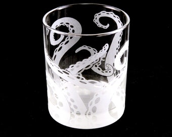 Octopus Rocks Glass - Cthulhu - Squid - Kraken - Lovecraft - Cephalopod - Custom Etched Glass Lowball Tumbler - Octopus Tentacle Barware