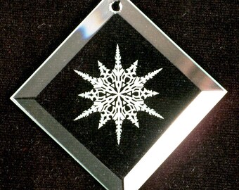 Snowflake #1 Christmas Ornament - Beveled Glass Sun Catcher Ornament  - Custom Etched Glass Personalized Gift
