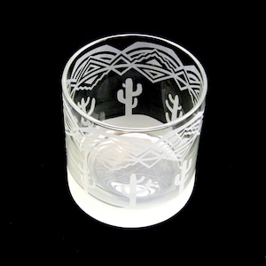 Saguaro Cactus Rocks Glass - Southwestern Design Glassware - Custom Etched Glass Lowball Tumbler - Unique Glass Barware