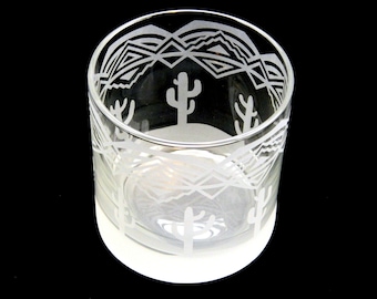 Saguaro Cactus Rocks Glass - Southwestern Design Glassware - Custom Etched Glass Lowball Tumbler - Unique Glass Barware