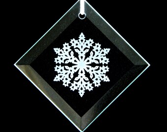 Snowflake #8 Christmas Ornament - Beveled Glass Sun Catcher Ornament - Custom Etched Glass Personalized Gift