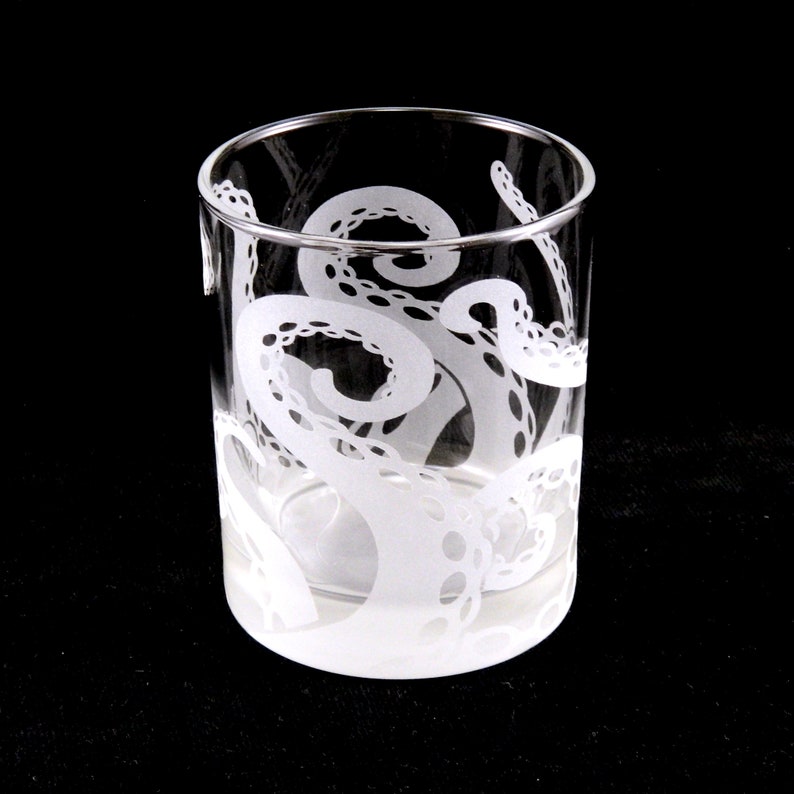 Octopus Rocks Glass Cthulhu Squid Kraken Lovecraft Cephalopod Custom Etched Glass Lowball Tumbler Octopus Tentacle Barware image 3