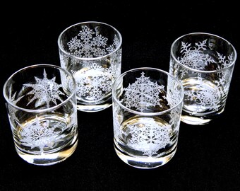 Snowflake Mandala - Lowball Tumbler Glasses - Set of 4 - Etched Glassware - Custom Made to Order