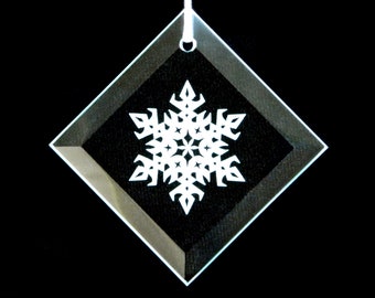 Snowflake #12 Christmas Ornament - Beveled Glass Sun Catcher Ornament - Custom Etched Glass Personalized Gift