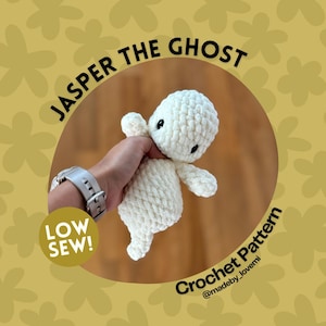 May include: A crochet pattern for a white ghost amigurumi toy named Jasper. The pattern is described as "low sew" and is available on Etsy from @madeby_lovemi.