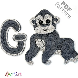 May include: Crochet pattern for a gray and white gorilla with a letter G. The pattern is available as a PDF download.
