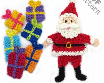 Puede incluir: Patrón de crochet para un Papá Noel y regalos. El patrón incluye instrucciones para hacer un Papá Noel rojo y blanco con barba blanca y botas negras, y una variedad de regalos coloridos.