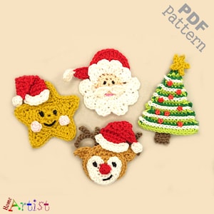 Ornamento all'uncinetto modello Babbo Natale stella albero di Natale cervo inverno applique toppa versione USA download immediato PDF