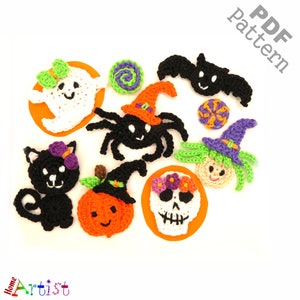 Padrão de aplique de crochê para Halloween: gato, morcego, fantasma, bruxa PDF Download ENG